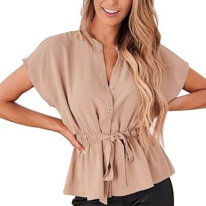 Cicibird Women's Solid Color Casual Button Up Sleeve Chiffon Blouse with Ruffle
